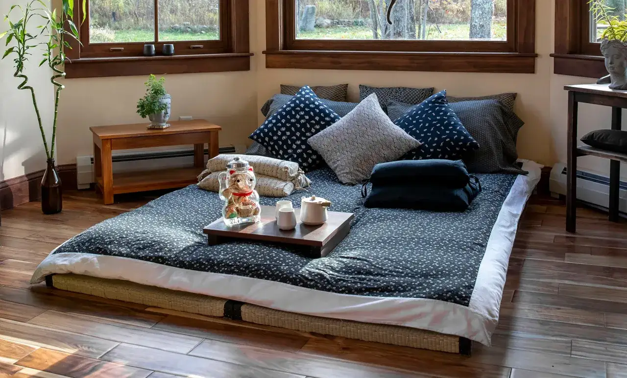 Przytulny pokój młodzieżowy w stylu japońskim. Futon z bambusową dekoracją i zestawem do herbaty zaprasza do relaksu.