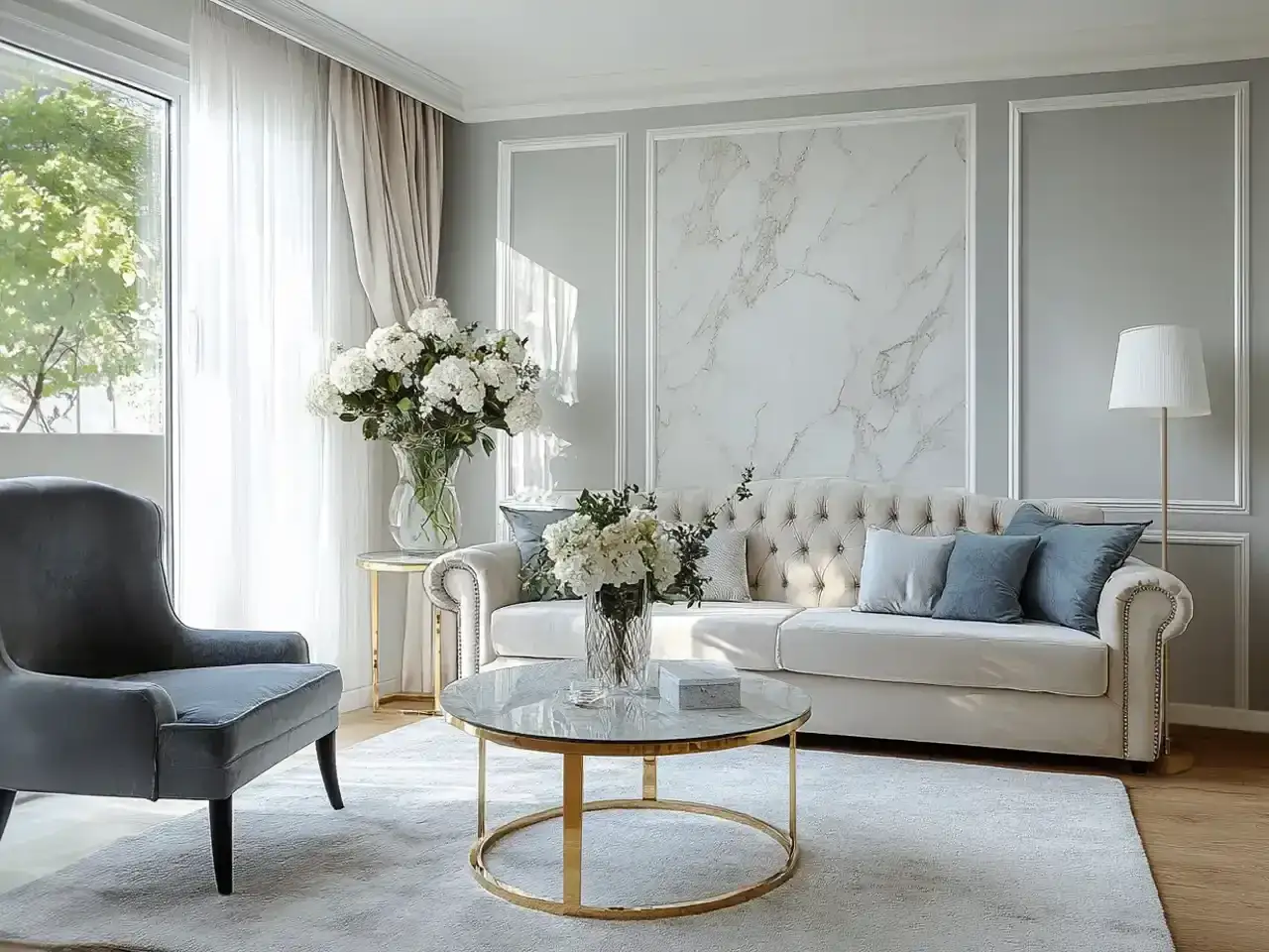 Elegancki salon z kremową sofą i szarą fotelem. Na ścianie marmurowa tapeta, idealna jako inspiracja, co na ścianę.