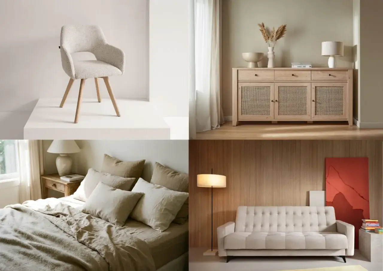 Kolekcja mebli w modnych, neutralnych kolorach: krzesło, komoda, łóżko i sofa.