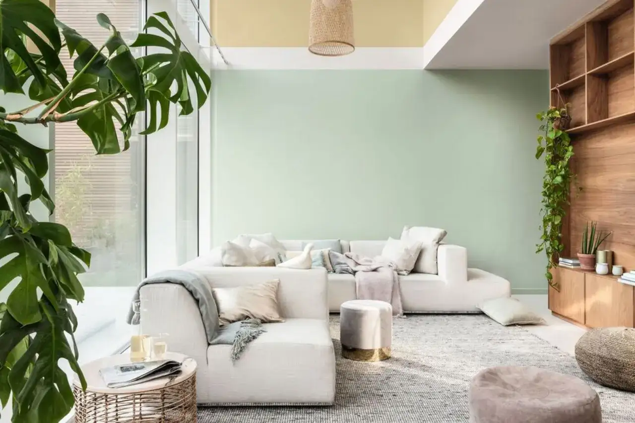 Jasny salon z białą sofą, zieloną ścianą i dużą rośliną.
