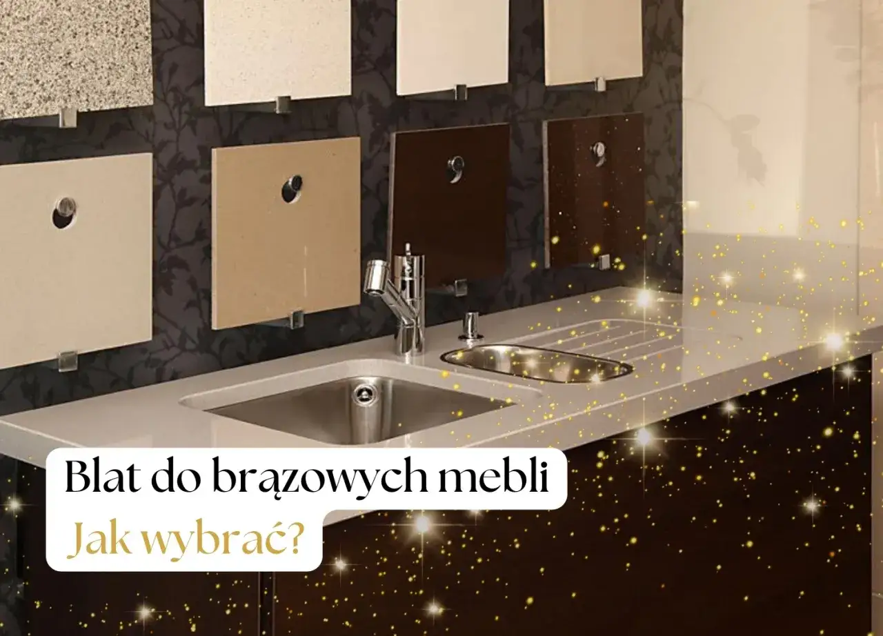 Próbki blatów kuchennych w różnych odcieniach, od jasnych po brązowe, prezentowane obok zlewu. Jaki blat do brązowych mebli kuchennych wybrać, by stworzyć harmonijną całość?