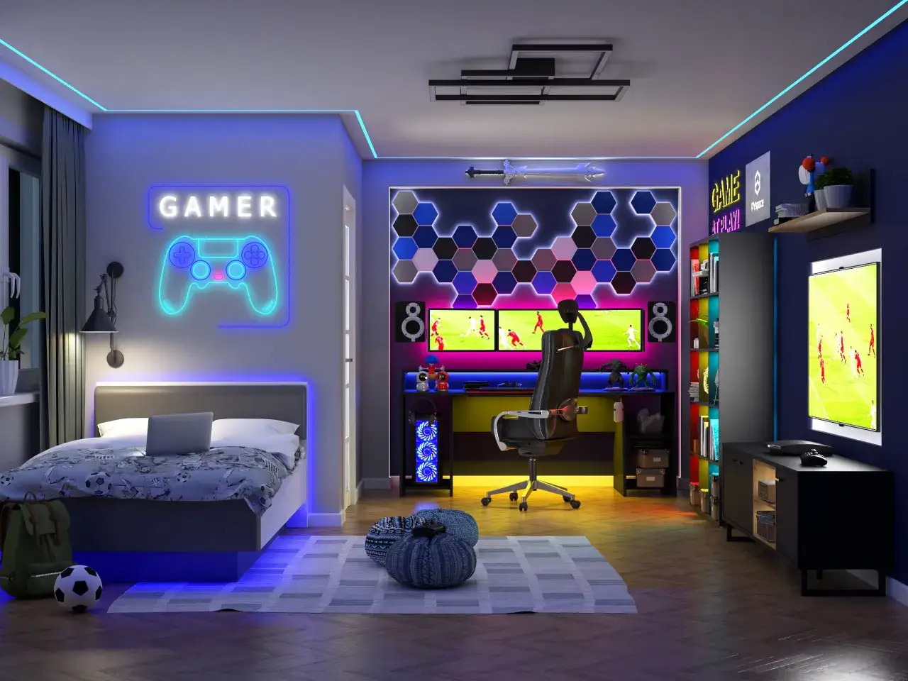 Pokój dla chłopca 10 lat inspiracje: nowoczesne centrum dowodzenia gracza z neonowym napisem GAMER, podświetlaną ścianą z heksagonów i dwoma monitorami.