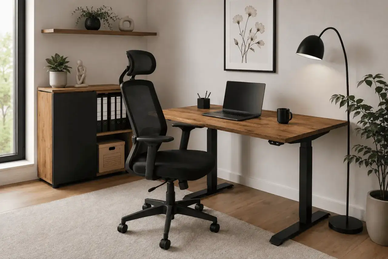 Ergonomiczne krzesło i biurko z regulacją wysokości to klucz do tego, jak urządzić domowe biuro. Laptop, lampa i rośliny dodają przytulności.