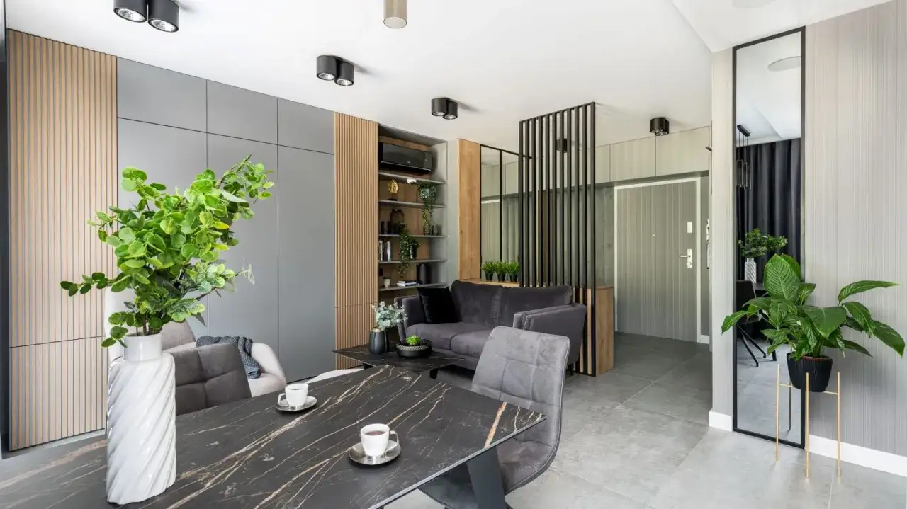 Nowoczesna kawalerka 30m2 plan: salon z szarą kanapą, stolikiem kawowym, jadalnią i regałem. W tle drzwi wejściowe i lustro.