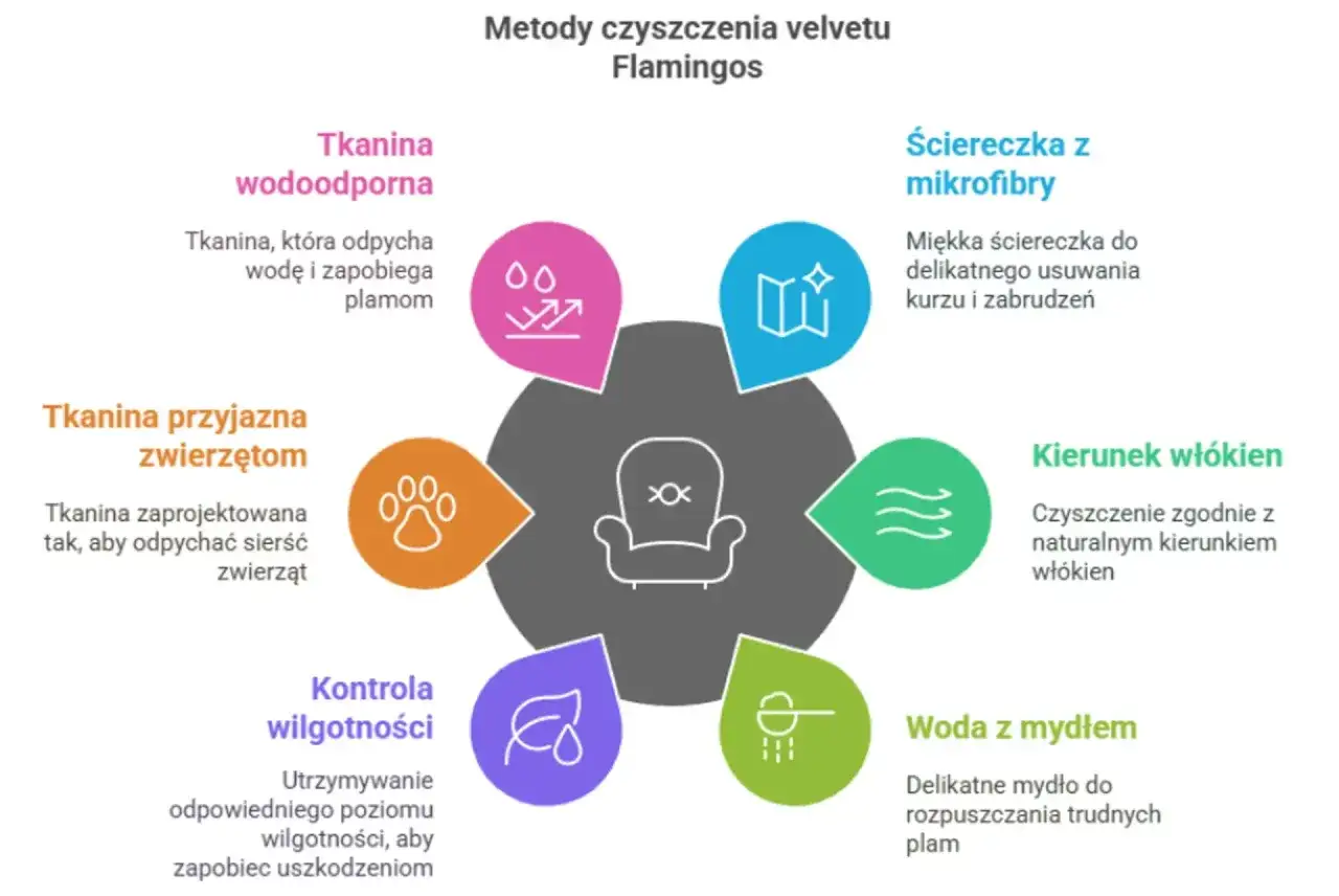 Jak wyczyścić fotel z materiału? Diagram pokazuje metody: wodoodporność, przyjazność zwierzętom, kontrola wilgotności, mikrofibra, kierunek włókien i woda z mydłem.