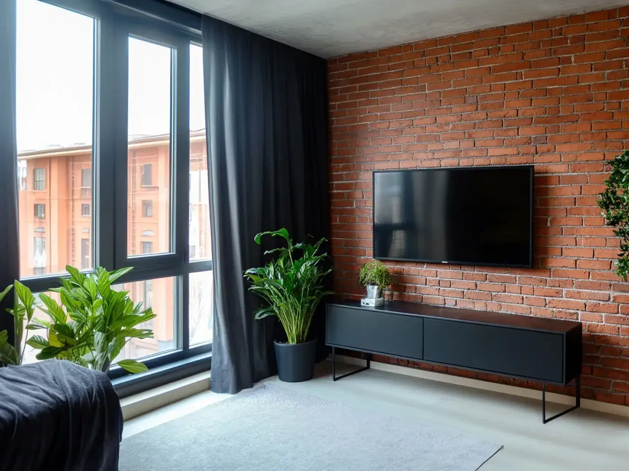 Nowoczesny czarny salon z drewnem i ceglaną ścianą. Duże okno z widokiem na miasto, telewizor i rośliny.