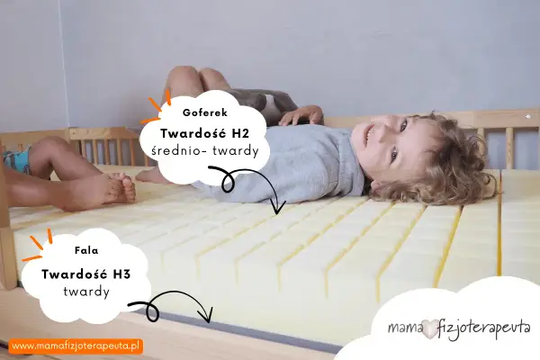 Jaki materac dla dziecka 10 lat? Na zdjęciu chłopiec leży na materacu z pianki, który ma dwie strefy twardości: H2 (średnio-twardy) i H3 (twardy).